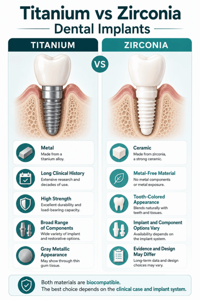 Safe dental implant materials comparison showing titanium and zirconia features