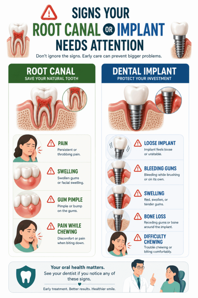 Infographic showing warning signs that may indicate problems after root canal treatment or dental implant placement.