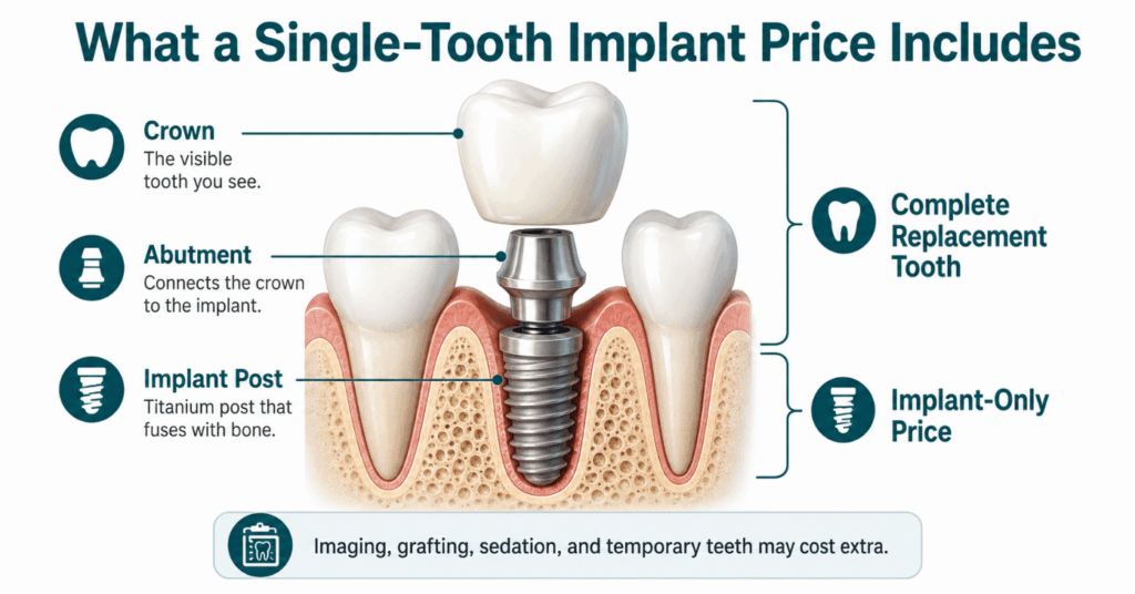 Dental implant cost diagram labeling the crown, abutment, implant post, and possible extra treatment fees.