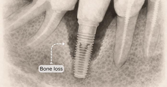 A dental X-ray reveals bone loss surrounding a dental implant, indicating possible peri-implantitis.