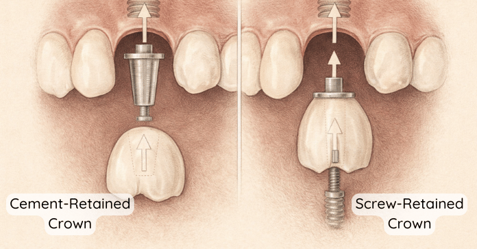 A side-by-side dental illustration compares a cement-retained crown and a screw-retained crown attached to dental implants.