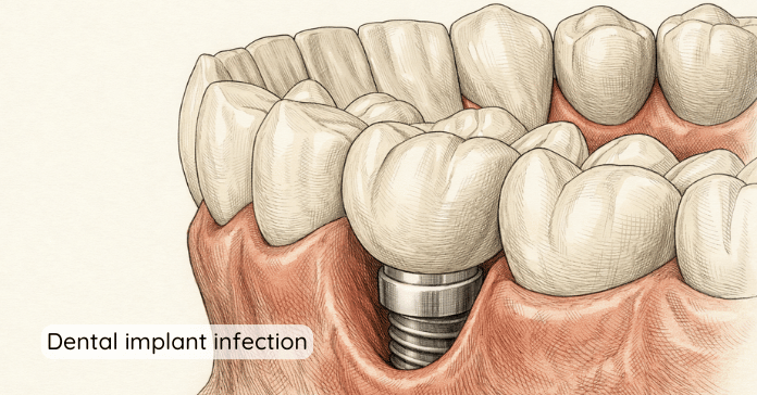 A detailed anatomical illustration shows dental implant infection with inflamed gum tissue and bone loss around the implant.