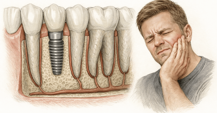 A detailed illustration shows a dental implant inserted into the jawbone next to natural teeth, while a man holds his cheek in pain.