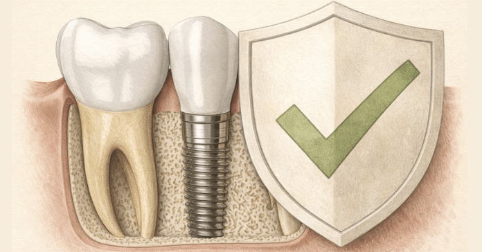 A detailed illustration shows a dental implant anchored in the jawbone next to a natural tooth, with a shield and check mark that reinforce that dental implants are safe and reliable.