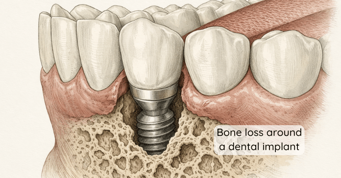 A dental illustration shows bone loss around a dental implant where the surrounding jawbone has receded and no longer fully supports the implant fixture.