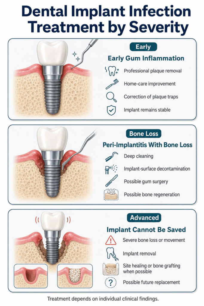 Dental implant infection treatment by severity, from professional cleaning to surgery or implant removal