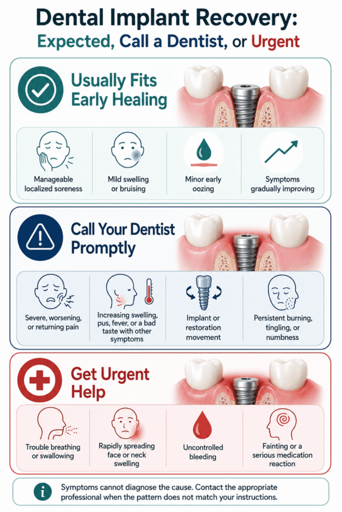Dental implant recovery chart comparing expected healing, symptoms needing a dentist, and urgent warning signs