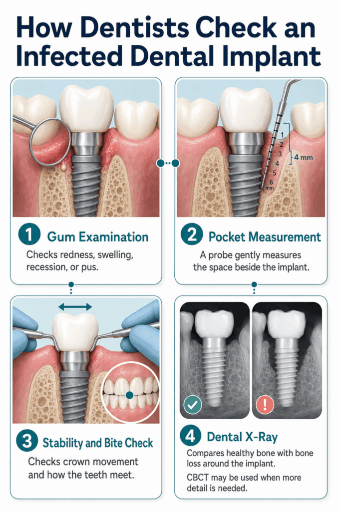 Four-step examination shows gum inspection, pocket probing, bite testing, and comparison of two dental X-rays