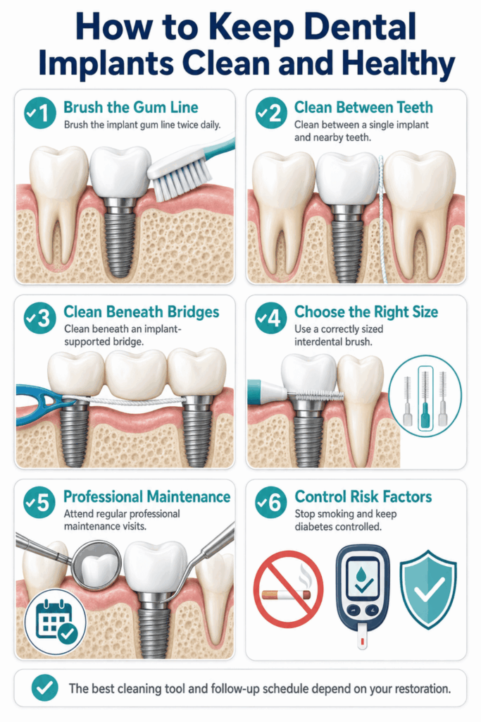 Six-step dental implant care checklist showing brushing, flossing, bridge cleaning, and professional maintenance