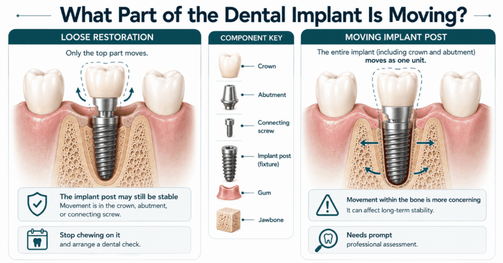 Cutaway comparison of a loose implant crown or screw versus movement of the implant post within the jawbone