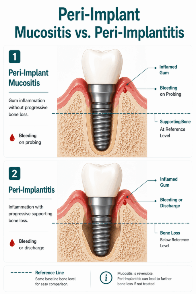 Comparison of peri-implant mucositis and peri-implantitis showing gum inflammation, bleeding, and supporting bone levels around a dental implant.