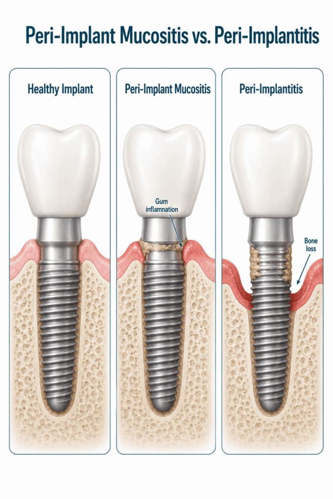 Three-panel comparison of a healthy implant, peri-implant mucositis, and peri-implantitis with bone loss