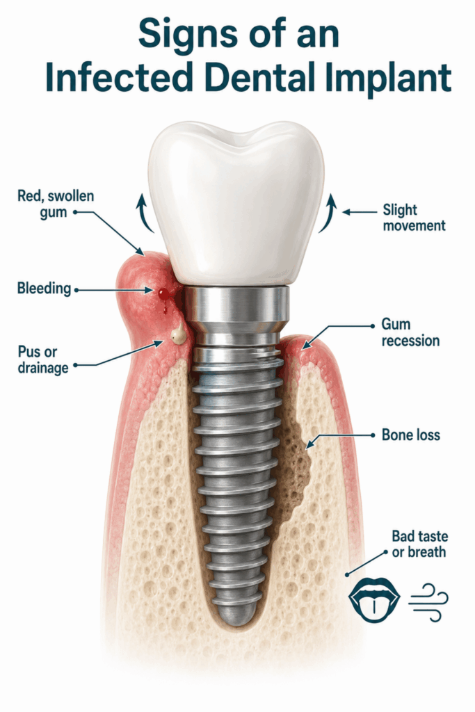 Dental implant infection illustration showing swollen gums, bleeding, pus, recession, bone loss, and movement