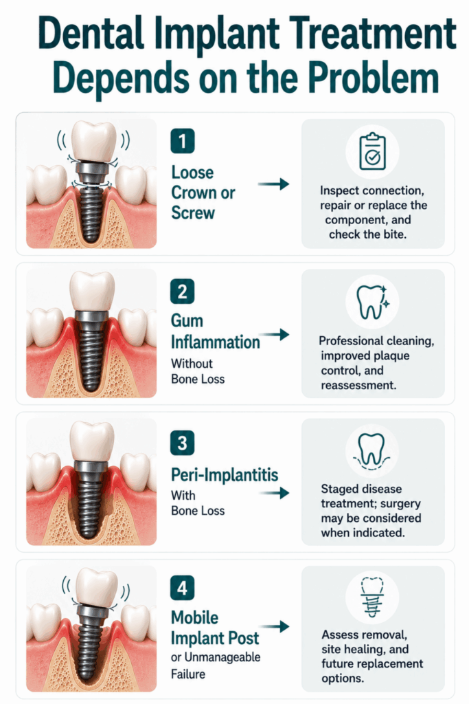 Flowchart showing treatment pathways for loose implant components, gum inflammation, peri-implantitis, and a mobile implant fixture.