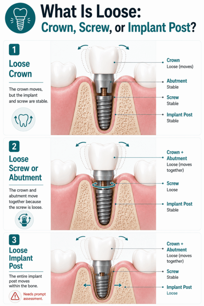 Illustration comparing a loose implant crown, loose abutment screw, and loose implant post within the jawbone.