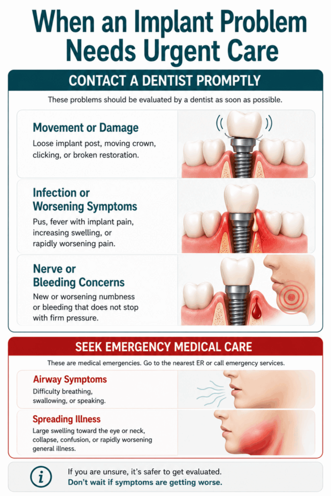 Infographic showing urgent warning signs after dental implants including movement, infection, bleeding, numbness, airway symptoms, and facial swelling.