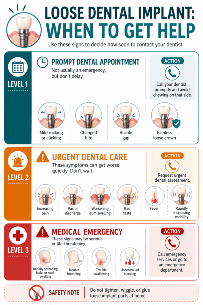 Decision guide showing when a loose dental implant needs a routine appointment, urgent dental care, or emergency treatment.