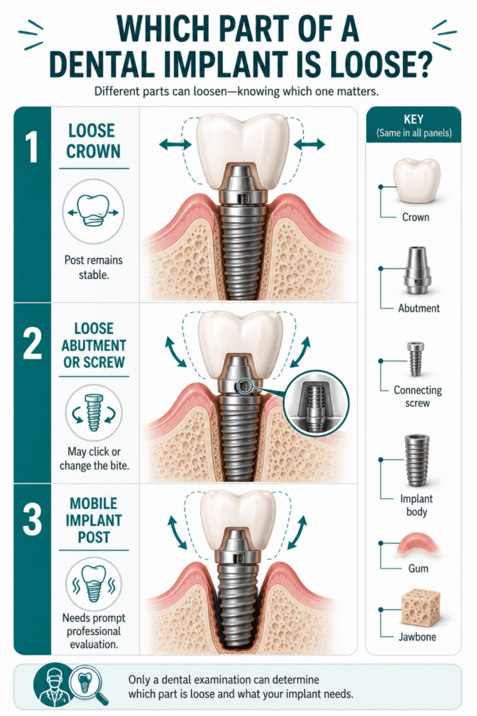 Comparison showing a loose implant crown, loose abutment or screw, and a mobile dental implant post with labeled implant parts.