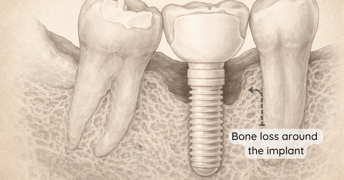 A dental X ray style illustration shows bone loss surrounding a dental implant where the supporting jawbone has receded along the implant surface.