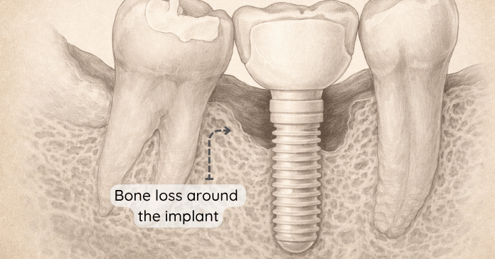 X-ray shows bone loss around a dental implant, indicating reduced support and possible implant loosening.