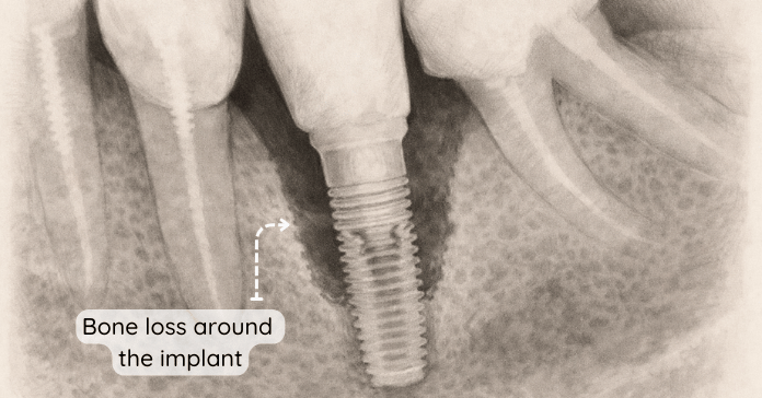 A dental X-ray shows bone loss around a dental implant with reduced bone height surrounding the implant threads.