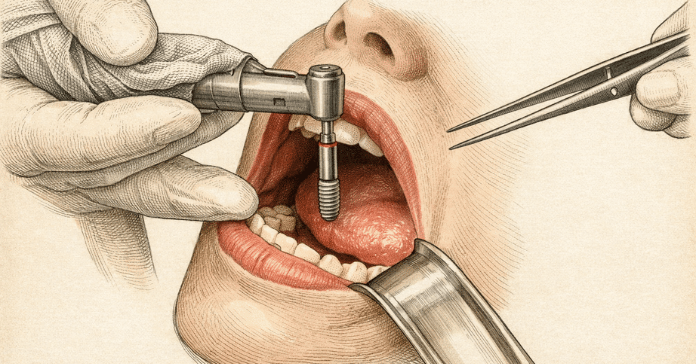 A dentist places a dental implant using a surgical handpiece while retracting the soft tissues during a dental implant procedure that most patients do not find painful due to local anesthesia.