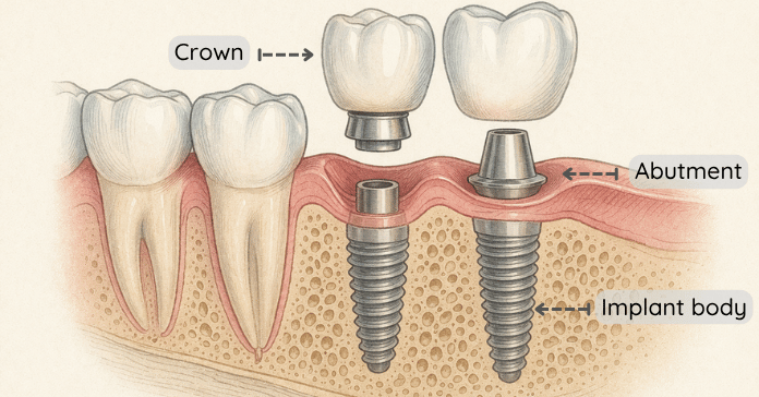 A dental diagram shows the crown, abutment, and implant body components that form a complete dental implant restoration in the jawbone.