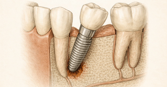 A dental illustration shows a tilted implant with surrounding bone loss, indicating a loose dental implant and reduced support in the jaw.