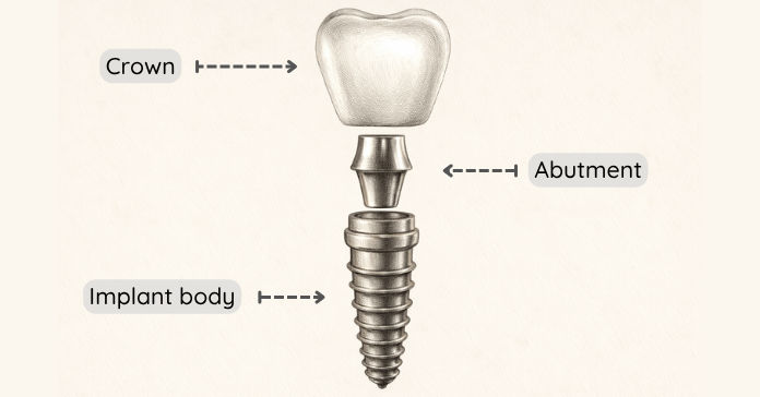 A dental diagram shows the crown, abutment, and implant body separated to explain the structure of a dental implant.