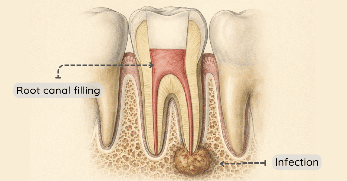 A dental illustration shows a tooth after root canal treatment with root canal filling inside the canals and an infection forming at the root tip in the surrounding bone.