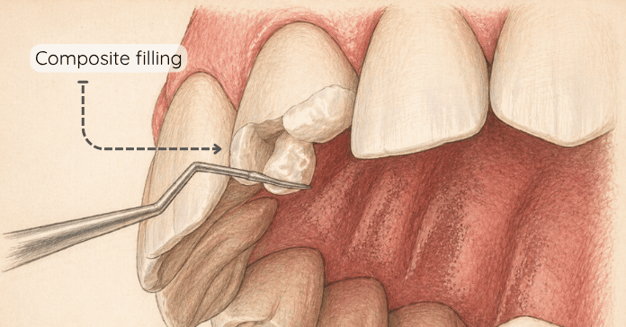 A dental instrument places a composite filling material into a damaged front tooth to restore its shape and structure.