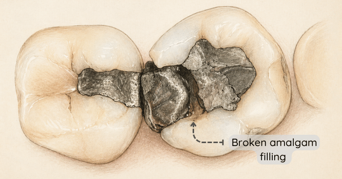 Two molar teeth show a fractured amalgam filling that has broken apart and created a gap between the teeth.