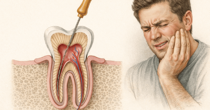 A dental illustration shows a root canal procedure inside a tooth while a man holds his jaw and reacts to tooth pain.