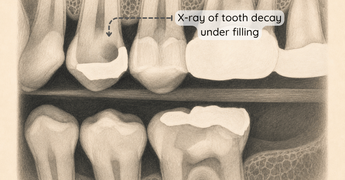 A bitewing dental X-ray shows dark areas of tooth decay developing beneath existing fillings on the upper premolar.