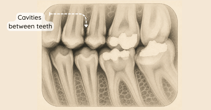 A dental bitewing X-ray shows cavities developing between adjacent back teeth near existing dental fillings.