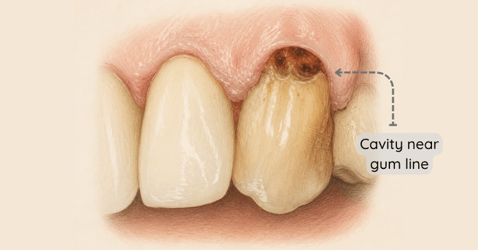 A dental illustration shows tooth decay near the gum line creating dark damaged areas close to the surrounding gum tissue.