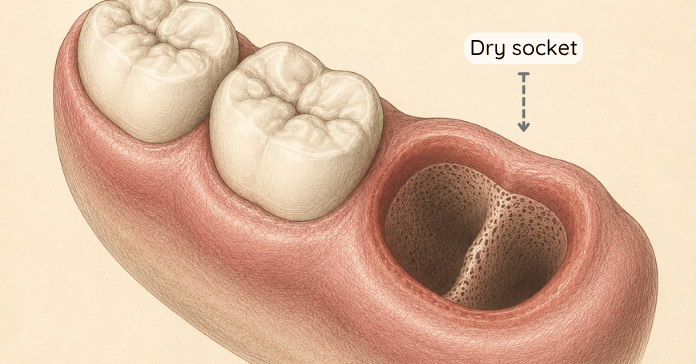 A dental illustration shows a dry socket after tooth extraction with exposed bone inside the empty extraction site near the back molars.