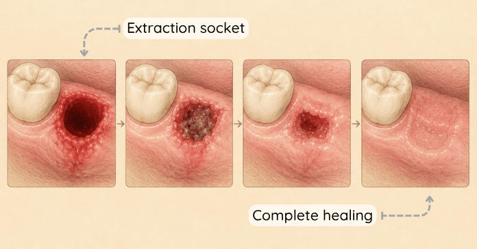 A dental illustration shows the healing progress of a wisdom tooth extraction socket from a fresh blood clot to complete gum healing.