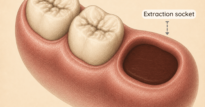 A dental illustration shows a healthy extraction socket filled with a dark blood clot after wisdom tooth removal.