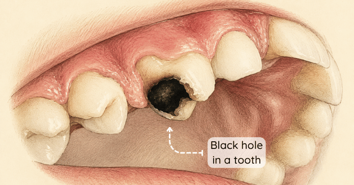 A dental illustration shows a severely decayed tooth with a large dark cavity that creates a visible black hole inside the tooth structure.