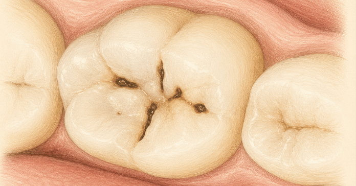 A close-up dental illustration shows dark holes and discoloration forming inside the deep grooves of a molar chewing surface.