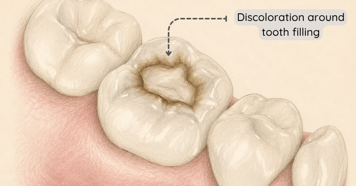 A close-up illustration shows brown discoloration forming around a tooth filling on a molar tooth.
