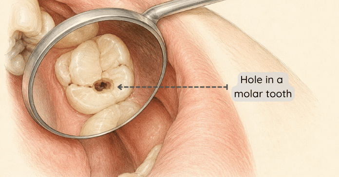 A dental mirror reflects a molar tooth with a visible cavity and a labeled hole in the chewing surface.