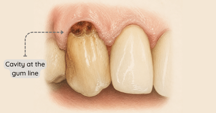 A close-up dental illustration shows a hole in tooth near the gum line affecting the outer surface of a front tooth.