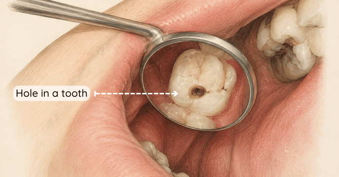 A dental mirror reflects a small hole in a back molar with no pain caused by early tooth decay.