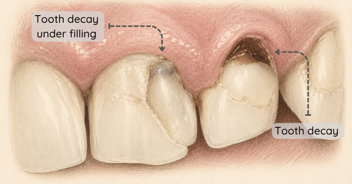A dental illustration shows severe tooth decay around broken fillings and damaged tooth surfaces near the gumline.
