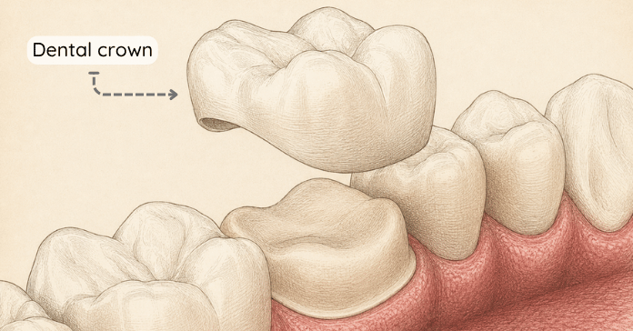 A dental illustration shows a dental crown positioned above a prepared molar tooth before placement during a crown restoration procedure.
