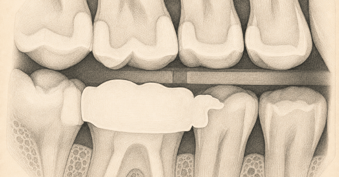 A dental X-ray shows a dental crown covering a molar tooth and extending near adjacent teeth and surrounding bone structures.