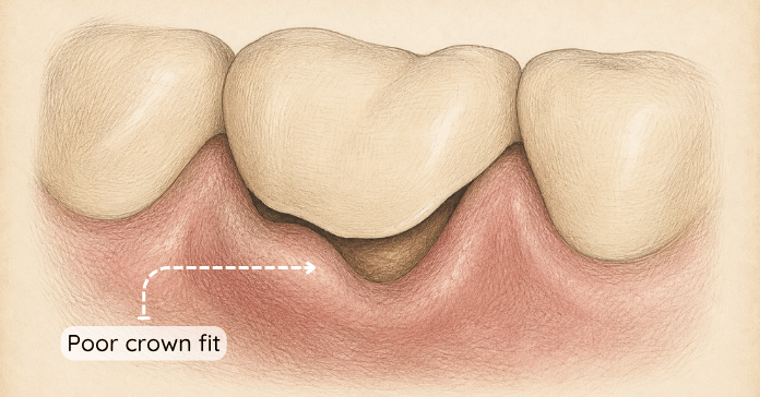 A dental illustration shows a poorly fitting dental crown with a visible gap between the crown and surrounding gum tissue.