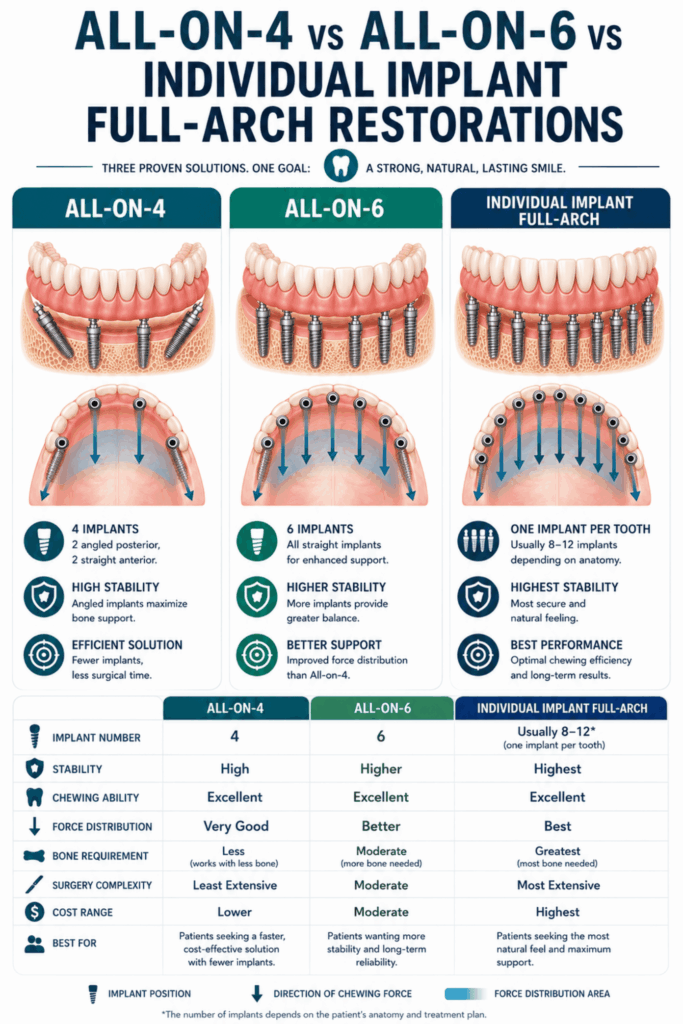 Comparison chart of All-on-4, All-on-6, and individual implant full-arch restorations showing implant number, stability, support, and bone requirements.
